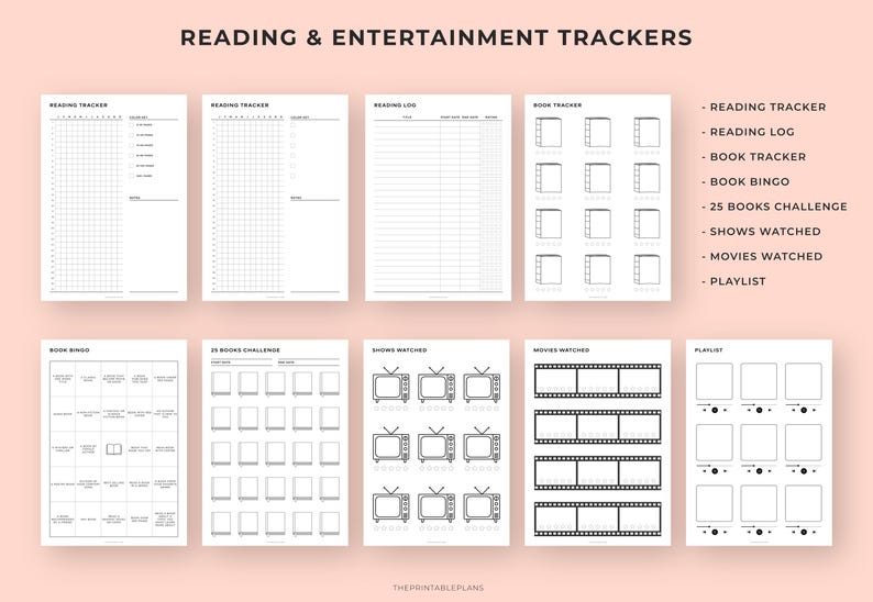 Puede incluir: Una colecci&oacute;n de rastreadores de lectura y entretenimiento imprimibles en papel blanco. Los rastreadores incluyen un rastreador de lectura, un registro de lectura, un rastreador de libros, un bingo de libros, 25 desaf&iacute;os de libros, programas vistos, pel&iacute;culas vistas y una lista de reproducci&oacute;n.