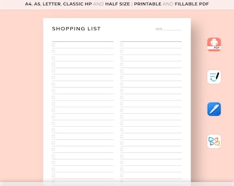 Shopping List Template Printable, To Buy List, Item Checklist, Shopping Planner, A4/A5/Letter/Classic/Half Size, Instant Download PDF
