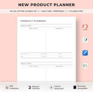 以下が含まれることがあります： 製品のアイデアと詳細を記入するための、印刷可能な製品プランナーテンプレートです。各セクションには、製品名、アイデア/スケッチ、説明、発売日、料金、発売、販売価格、費用、利益の項目があります。