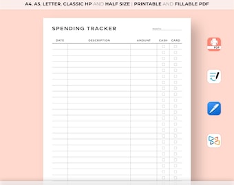 Spending Tracker Printable, Expense Tracker, Expense Log, Spending Planner, Budget Template, Financial Planner, A4/A5/Letter/Classic/Half