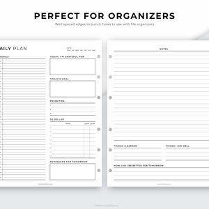 May include: A black and white daily planner page with sections for schedule, today's gratitude, goals, priorities, to-do list, reminders, things learned, things done well, and how to be better tomorrow. The page is designed for use with a file organizer.