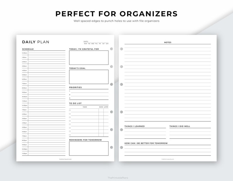 May include: A black and white daily planner page with sections for schedule, today's gratitude, goals, priorities, to-do list, reminders, things learned, things done well, and how to be better tomorrow. The page is designed for use with a file organizer.