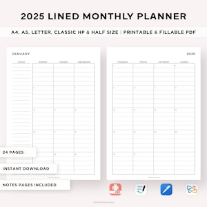 2025 Lined Monthly Planner Printable, Dated Month on 2 Pages, 2025 Monthly Calendar, Monthly Insert, Productivity Planner, Month At a Glance
