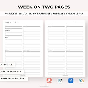 Weekly Goal Planner Printable, To Do List, Weekly Schedule, Weekly Organizer, Week At a Glance, Task Planner, A4/Letter/Classic/Half Size