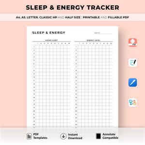 Op de afbeelding: Een printbare en invulbare PDF-slaap- en energie-tracker. De tracker heeft twee kolommen, één voor de slaapuren en één voor het energieniveau. Elke kolom heeft een raster met 24 rijen en 10 kolommen. De tracker is ontworpen om u te helpen uw slaap en energieniveaus in de loop van de tijd bij te houden.