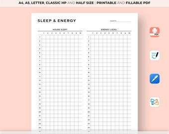 May include: Printable and fillable PDF sleep and energy tracker. The tracker has two columns, one for hours slept and one for energy level. Each column has a grid with 24 rows and 10 columns. The tracker is designed to help you track your sleep and energy levels over time.