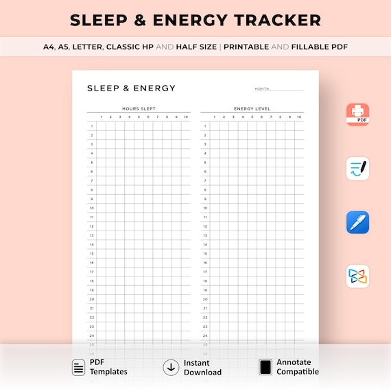 Sleep & Energy Tracker Printable, Monthly Sleep Log, Sleep Tracker, Energy Level log, Energy Log Health Planner, A4/A5/Letter/Classic/Half