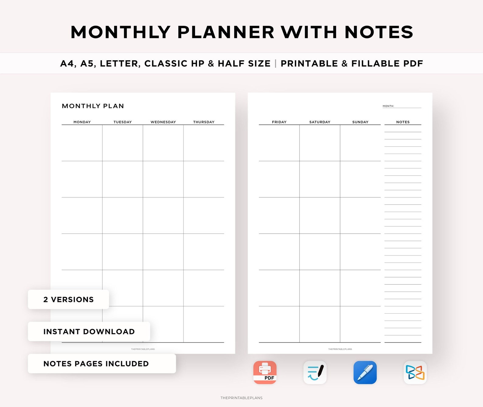 Undated Monthly Planner Printable, Month on Two Pages, Month at a ...