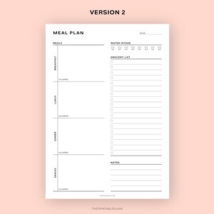 May include: A printable meal planner with sections for breakfast, lunch, dinner, and snacks. It includes a grocery list, water intake tracker, and notes section. The planner is designed in a minimalist style with black text on a white background.