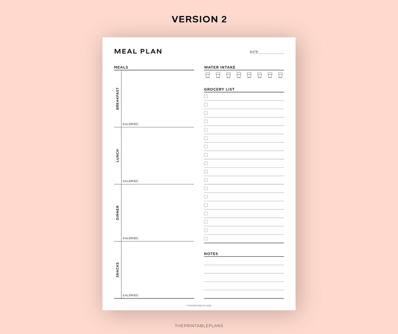 May include: A printable meal planner with sections for breakfast, lunch, dinner, and snacks. It includes a grocery list, water intake tracker, and notes section. The planner is designed in a minimalist style with black text on a white background.