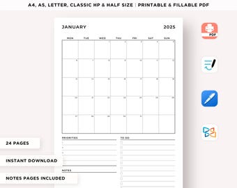 2025 Monthly Planner Printable, 2025 Calendar, Month at a Glance, Monthly Organizer, Monthly Agenda, A4/A5/Letter/Classic/Half, Fillable PDF