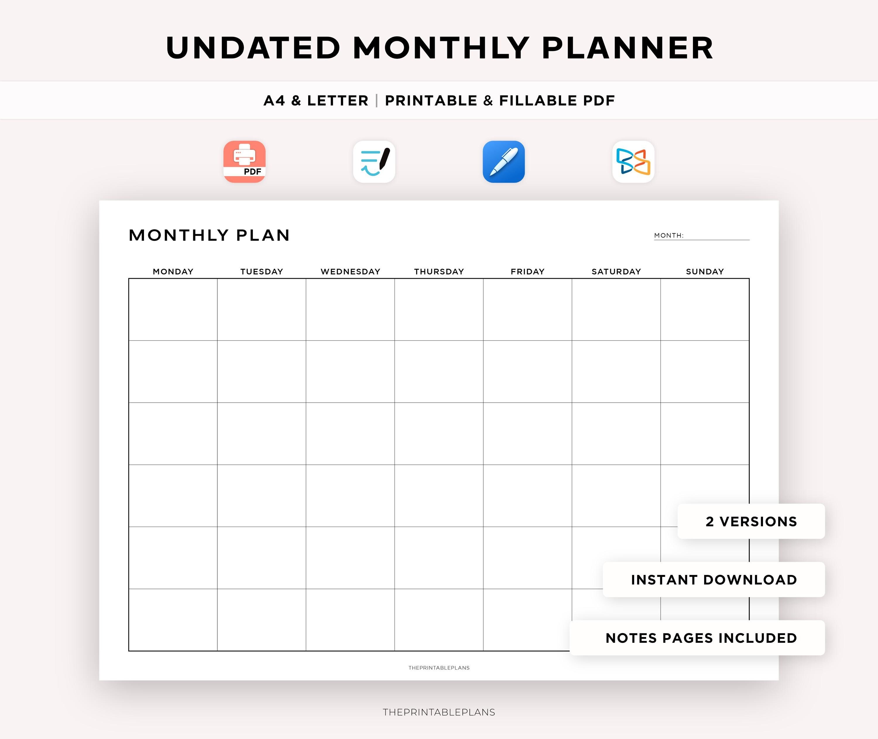 Monthly Planner Landscape, Undated Monthly Organizer, Blank Calendar ...