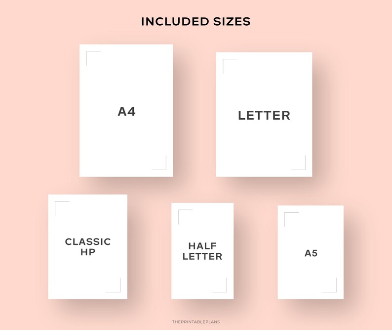 May include: A selection of white paper sizes, including A4, Letter, Classic HP, Half Letter, and A5, are shown against a pale pink backdrop. The text "INCLUDED SIZES" is at the top. The bottom right corner has the text "THEPRINTABLEPLANS".