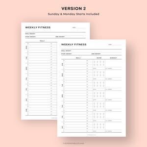 May include: Printable weekly fitness tracker with sections for meals, water intake, and workouts. The tracker includes spaces to record goal weight, start weight, and end weight. The tracker is designed for a week starting on Sunday.