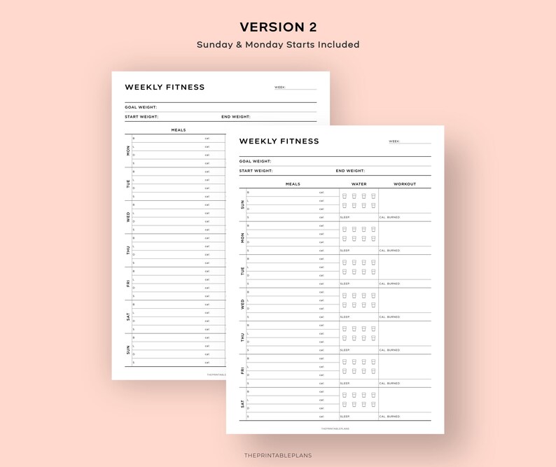 May include: Printable weekly fitness tracker with sections for meals, water intake, and workouts. The tracker includes spaces to record goal weight, start weight, and end weight. The tracker is designed for a week starting on Sunday.