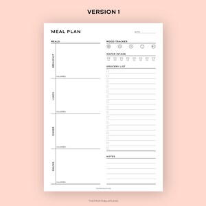 May include: A printable meal planner with sections for breakfast, lunch, dinner, and snacks. It includes a mood tracker, water intake tracker, grocery list, and notes section.