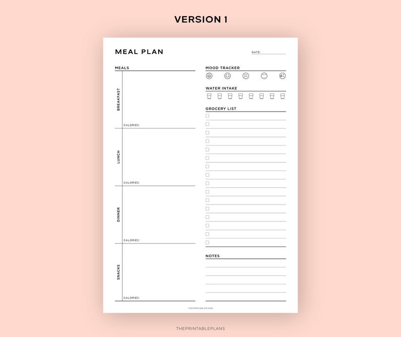May include: A printable meal planner with sections for breakfast, lunch, dinner, and snacks. It includes a mood tracker, water intake tracker, grocery list, and notes section.