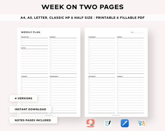 Puede incluir: Un planificador semanal imprimible con un diseño en blanco y negro. El planificador está dividido en dos páginas, cada página contiene un día diferente de la semana. El planificador incluye secciones para prioridades, notas y tareas. El texto "WEEK ON TWO PAGES" está en la parte superior de la página. El texto "A4, A5, LETTER, CLASSIC HP & HALF SIZE PRINTABLE & FILLABLE PDF" está debajo del título. El texto "WEEKLY PLAN" está en la parte superior de la página izquierda. El texto "PRIORITIES" y "NOTES" están en la página izquierda. El texto "MONDAY" está en la parte superior de la página derecha. El texto "THURSDAY" y "FRIDAY" están en la página derecha. El texto "TUESDAY" y "WEDNESDAY" están en la página izquierda. El texto "SATURDAY" y "SUNDAY" están en la página derecha. El texto "4 VERSIONS" está en la parte inferior de la página izquierda. El texto "INSTANT DOWNLOAD" está debajo del texto "4 VERSIONS". El texto "NOTES PAGES INCLUDED" está debajo del texto "INSTANT DOWNLOAD".