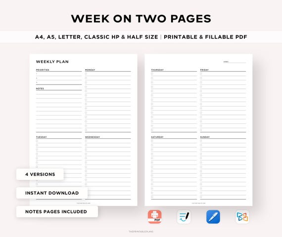 Weekly Planner Printable, Weekly To Do List, Weekly Schedule, Weekly Organizer, Week At a Glance, Task Planner, A4/Letter/Classic/Half Size