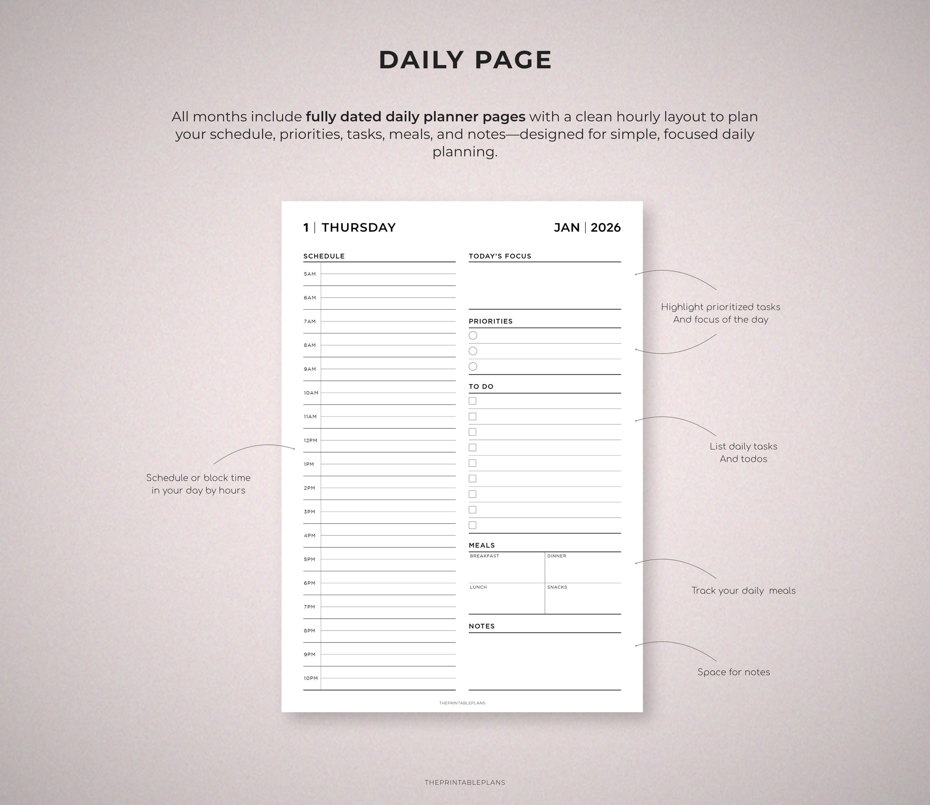 2026 Dated Planner Printable, Daily Weekly Monthly Pages, Year at a ...