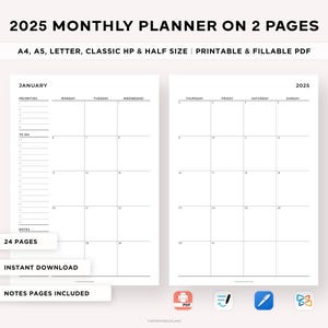 2025 Monthly Planner Printable, Dated Month on 2 Pages, 2025 Calendar, Month at a Glance, Monthly Organizer, Monthly Agenda, Goodnotes PDF