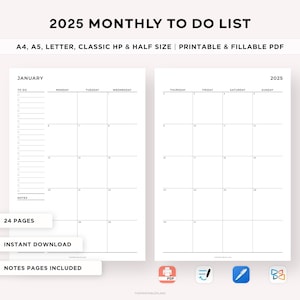 Lista de tareas mensuales de 2025 en dos páginas, planificador mensual de 2025, calendario de 2025, resumen del mes, agenda mensual, PDF imprimible, tamaño A4/A5/carta