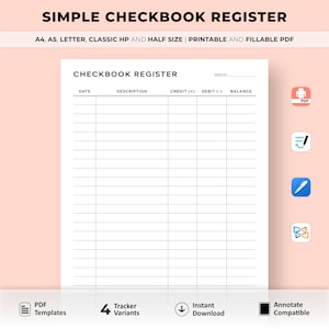 Registro de chequera imprimible, Seguimiento de transacciones de cheques, Planificador de chequera, Plantilla de chequera, Registro de chequera, A4/A5/Carta/Clásico/Media