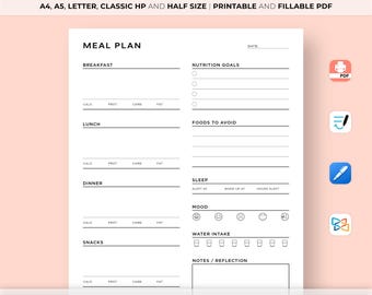Meal Planner Printable, Daily Meal Planner, Food Diary, Food Journal, Diet Planner, Nutrition Goals, Calorie Tracker, Health Planner