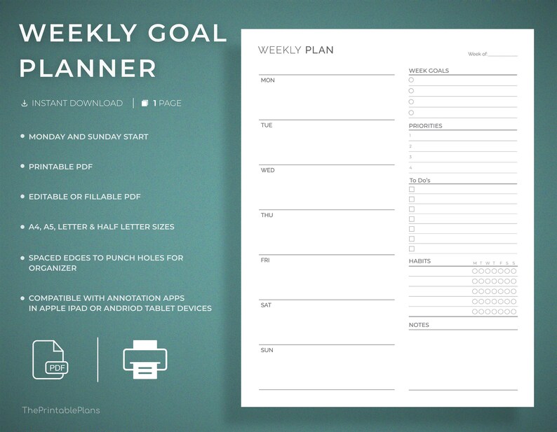 Printable Weekly Goal Planner Weekly Goal Planner Printable - Etsy