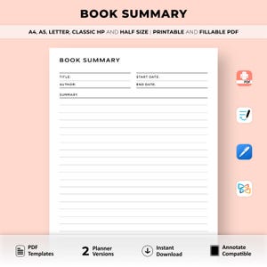 Op de afbeelding: Een afdrukbare boekoverzichttemplate met velden voor titel, auteur, startdatum, einddatum en een samenvattingssectie. De template is ontworpen voor gebruik met een PDF-reader en is compatibel met annotatietools.