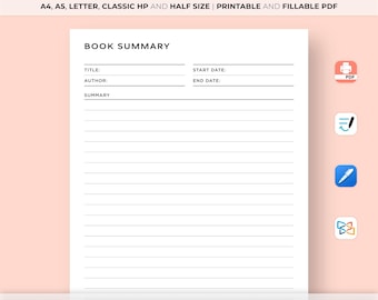 Book Summary Printable, Reading Summary Template, Reading Journal, A4/A5/Letter/Classic HP/Half Size, Instant Download PDF