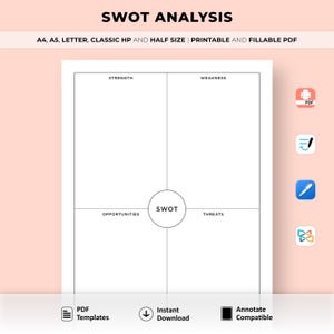 Análisis FODA imprimible, plantilla de análisis FODA, plantilla de plan de negocios, gestión de proyectos, A4/A5/carta/HP clásico/media, descarga instantánea