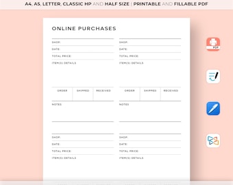 Online Purchases Tracker Printable, Order Tracker Template, Shopping List, Items to Buy, Spending sheet, A4/A5/Letter/Classic/Half Size