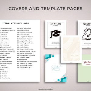 May include: A set of printable student planner templates with covers featuring a graduation cap, a lightbulb, and abstract shapes. The templates include a variety of planning tools, such as study session planners, assignment trackers, and goal planners.