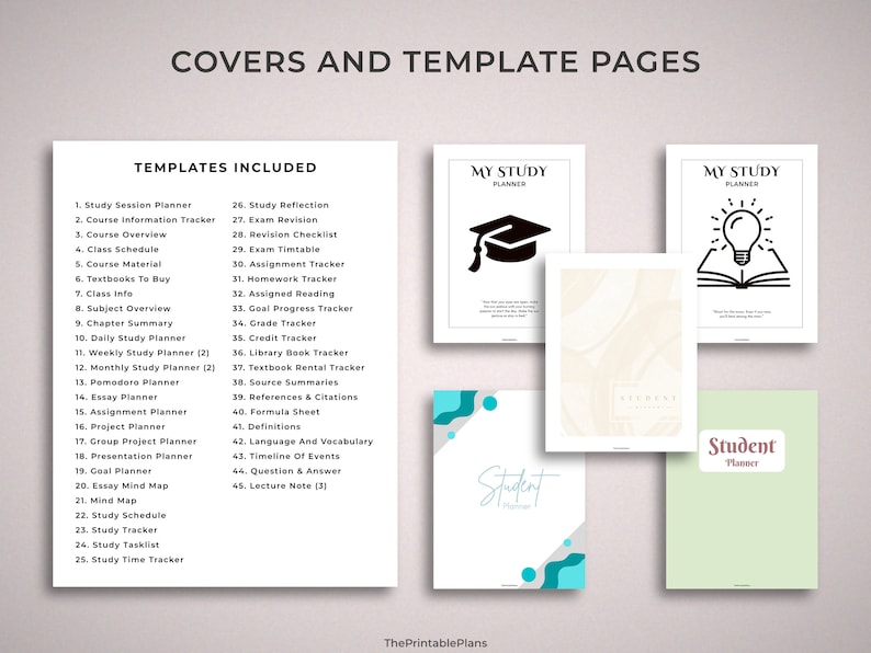 May include: A set of printable student planner templates with covers featuring a graduation cap, a lightbulb, and abstract shapes. The templates include a variety of planning tools, such as study session planners, assignment trackers, and goal planners.