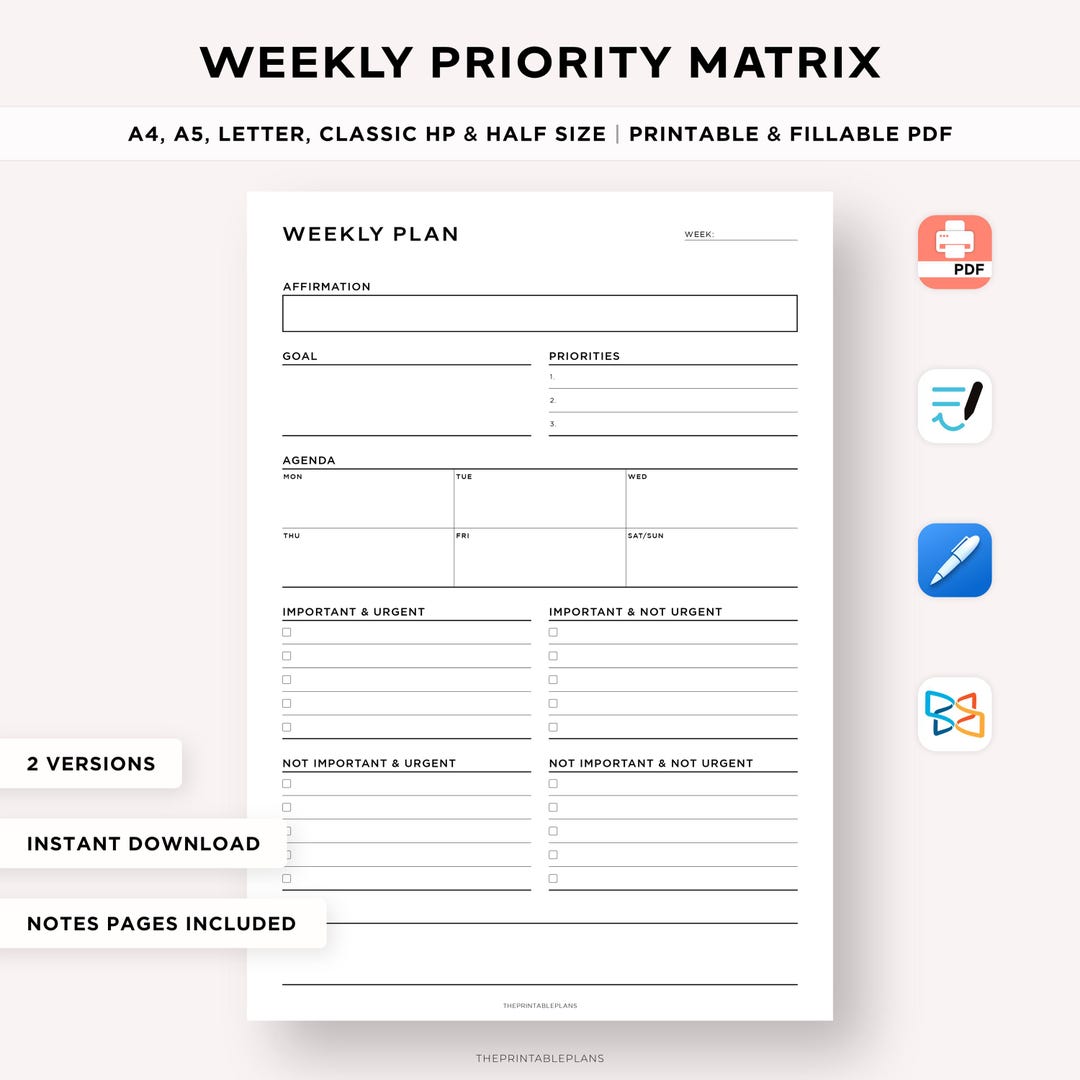 Task Priority Matrix Planner, Weekly Planner Printable, Goal Setting ...