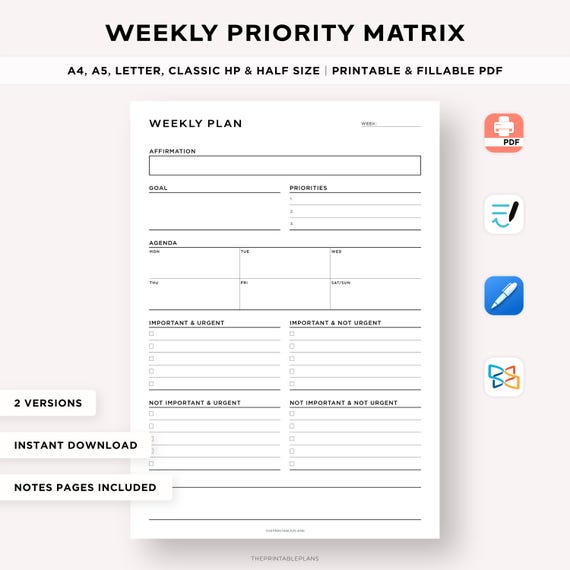 Task Priority Matrix Planner, Weekly Planner Printable, Goal Setting Planner, Weekly Schedule, Priority To Do List, Decision Matrix Template