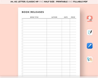 New Book Releases Tracker, Printable Books to Buy Tracker, Upcoming Book List, Upcoming Book Release Log, A4/A5/Letter/Classic HP/Half Size