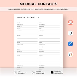 Medical Contacts List Template, Healthcare Contacts, Doctor Contacts, Contact Log, Health, Fitness, A4/A5/Letter/Classic/Half, Printable PDF