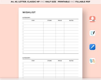 Wishlist Planner Printable, Holiday Wishlist Template, Birthday Wishlist, Shopping Wish List, Wishlist sheet, A4/A5/Letter/Classic/Half Size