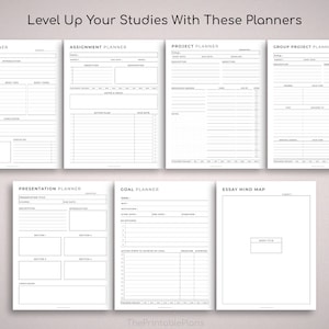 May include: A set of printable planners for students, including an essay planner, assignment planner, project planner, group project planner, presentation planner, goal planner, and essay mind map.