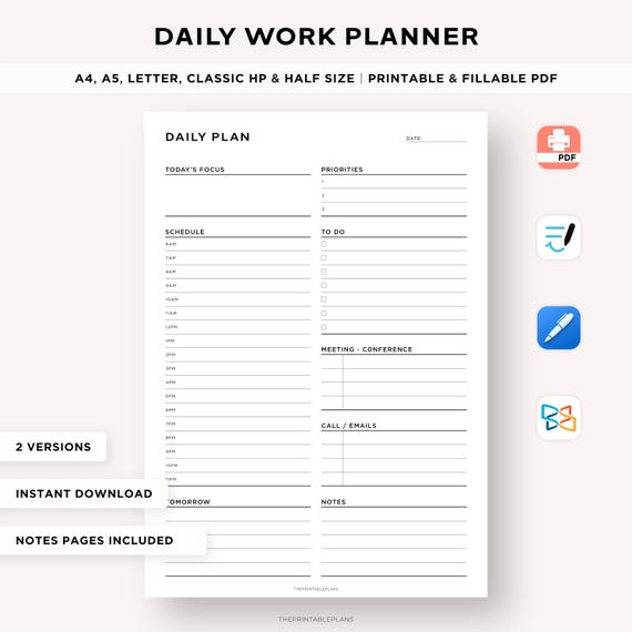 Daily Work Planner, Office Planner Printable, Work from Home, Daily Productivity Planner,  Business Daily Schedule, Goodnotes PDF, A5 Insert