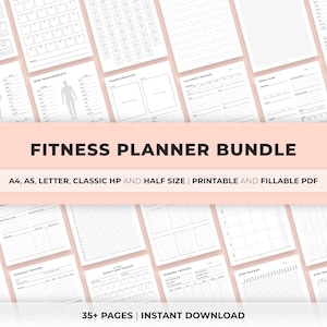 Planificador imprimible de salud y fitness, diario de fitness, dieta, seguimiento de entrenamiento, planificador de comidas, registro de carreras, tamaño A4/A5/Carta/Clásico/Mediano