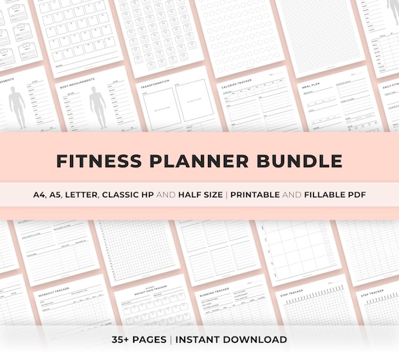 Printable Health and Fitness Planner Bundle, Fitness Journal, Diet, Workout Trackers, Meal planner, Running Log, A4/A5/Letter/Classic/Half