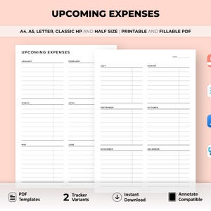 Gastos futuros imprimibles, resumen de gastos anuales, plan de presupuesto, planificador de finanzas, tamaño A4/A5/carta/medio, descarga instantánea en PDF