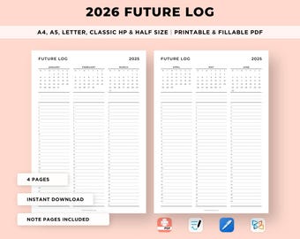 2026 Future Log, Yearly Planner, Annual Overview, Quarterly Calendar, Year at a Glance, 2026 Monthly Planner, A4/A5/Letter/Classic/Half Size