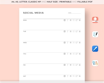 May include: A black and white printable social media planner with the text "Weekly Social Media Planner" at the top. The planner includes space to plan posts for each day of the week, with icons for Instagram, Facebook, Twitter, and Pinterest.