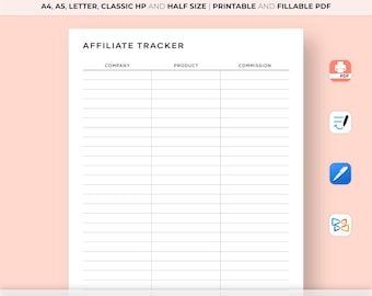 Affiliate Tracker Printable Template, Commission Log, Affiliate Program Tracker, Marketing Planner, Earnings Record, A4/A5/Letter/HP/Half