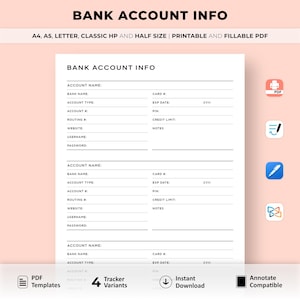 Bankverbindung, Bankdaten, A4/A5/Letter/Classic/Half Size, Sofort-Download, druckbare PDF-Datei