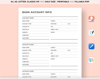 Bank Account Information Tracker, Bank Account Log, Bank Details, A4/A5/Letter/Classic/Half Size, Instant Download, Printable PDF